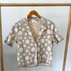 Mango Collared Knit Daisy Print Polo Neck Shirt in Sand - S